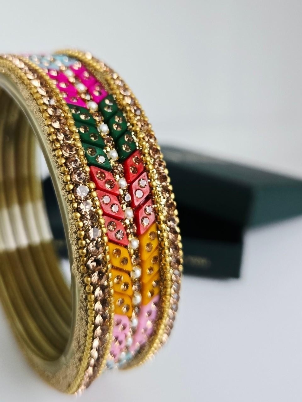 Multicolor Rhinestone Encrusted Wide Bangle Bracelet - Traditional Kangan Style